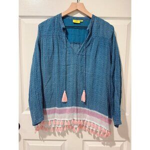 Roller Rabbit Serafina Boho Tassel Blue Pink Diamond Print V Neck Tunic Top SM